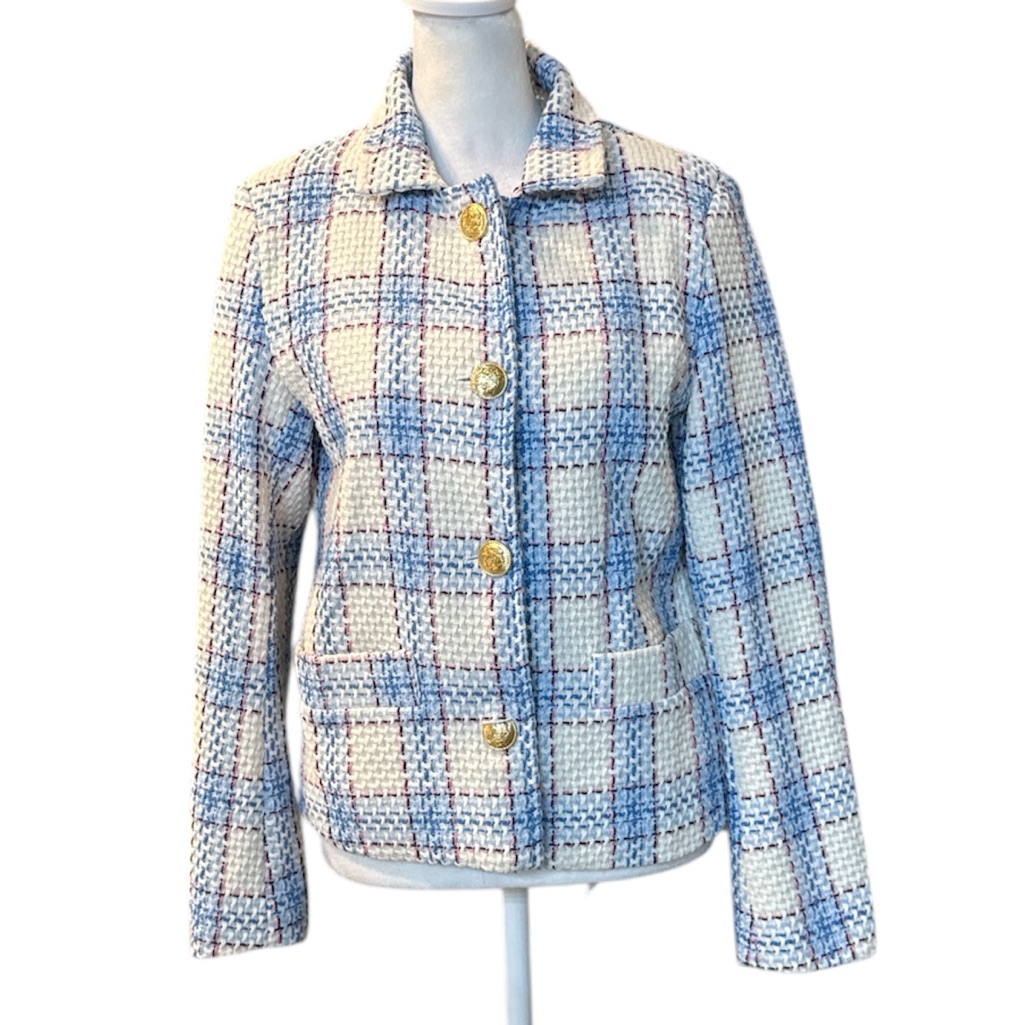 Senes Made In Italy Tweed Plaid Blazer Jacket Blue & Cream Gold Button Medium